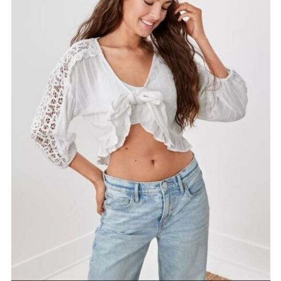 American Eagle 5633173951 Women's Sz Medium White V-Neck Lace Tie-Front Blouse - Picture 8 of 9